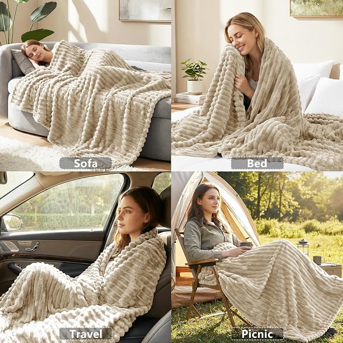 HIMEET Linen Twin Blanket for Bed, 300GSM Ribbed Fleece, 60 x 80 Inches | Ultra Soft Flannel, All-Season Lightweight Warmth, Bed Layering Pick & Dorm Essential, Gift for Men & Women, Machine Washable