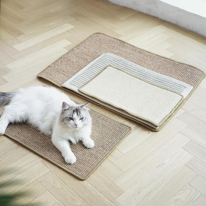 FUKUMARU Cat Scratcher Mat, 23.6 X 15.7 Inch Natural Sisal Cat Scratch Mat | Horizontal Cat Scratching Pad Mat Floor Rug with Sticky Tapes, Cat Wall Scratcher for Indoor Cats, Protect Carpet, Thicken