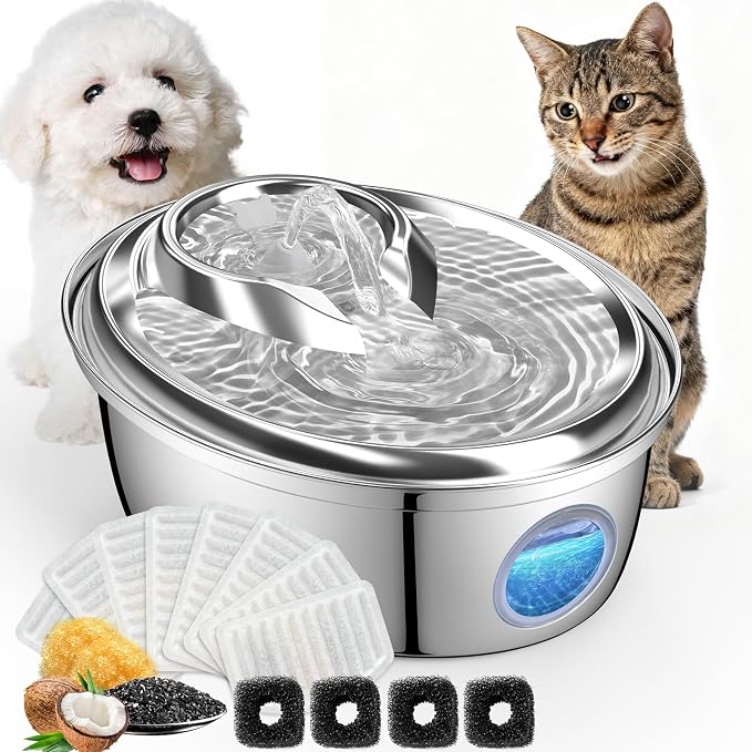 ORSDA Stainless Steel Cat Water Fountain, 100oz/3L Automatic Pet Drinking Fountain, Dog Water Dispenser Bowl with LED Window for Cats and Small & Medium Dogs- 8 Filters +4 Pump Sponges（ D66