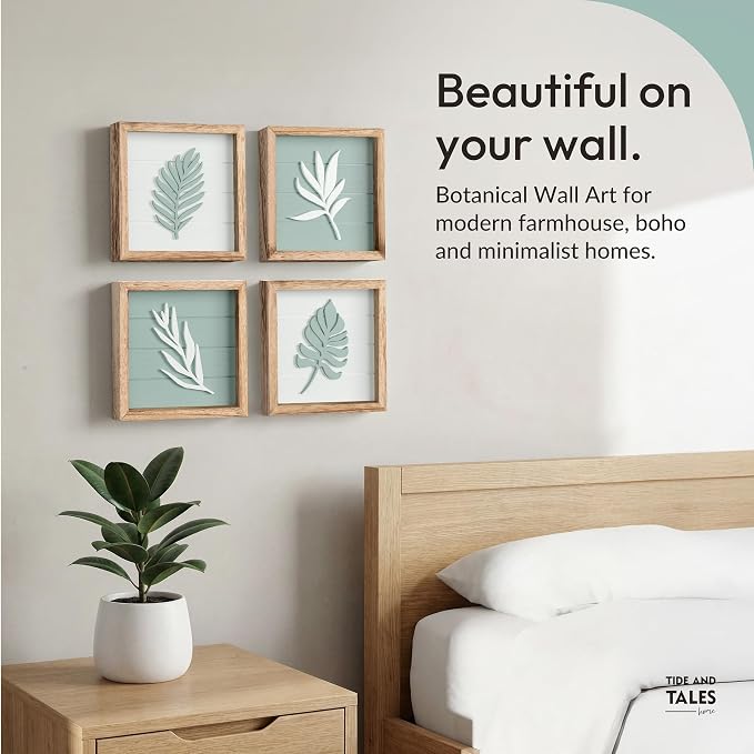 Tide and Tales 3d Sage Green Framed Wall Art, Set of 4, Bathroom Decor | 7" x 7", Lightweight Wood, Bathroom Wall Decor, Botanical Leaf Pictures for Bedroom, Office or Living Room, Hardware Included
