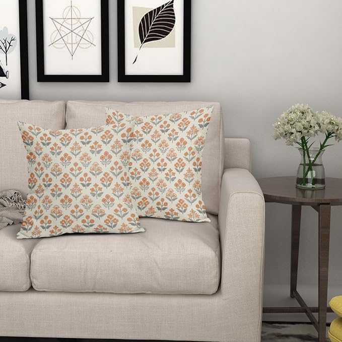Orange Grey Gray Floral Pillow Covers 24x24 Inch Set of 2, Vintage Flower Block Print Pattern Decorative Throw Pillowcases Outdoor Farmhouse Cushion Covers Spring Summer Rustic Sofa Couch Bed Decor