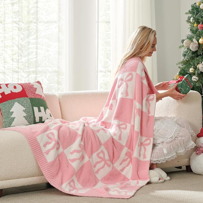 Snuggle Sac Bow Throw Blanket for Couch, Microfiber Fluffy Warm Cozy Fuzzy Reversible Checkered Blankets for Sofa, Chair, Bed, 50x60 inches for Wife Daughter Women Gift