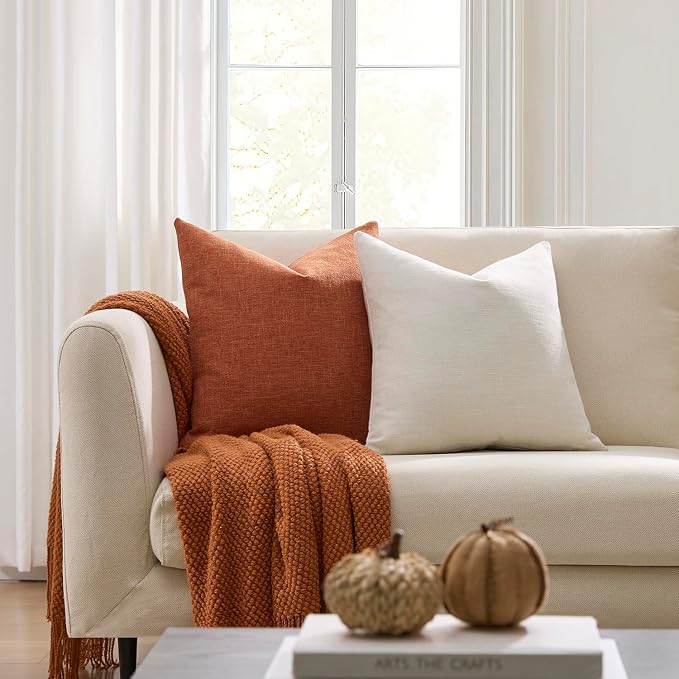 Meekio Set of 2 Burnt Orange Throw Pillow Covers 18x18, Fall Linen Blend Decorative Pillow Covers for Couch Sofa Bed, Fall Decorations for Home