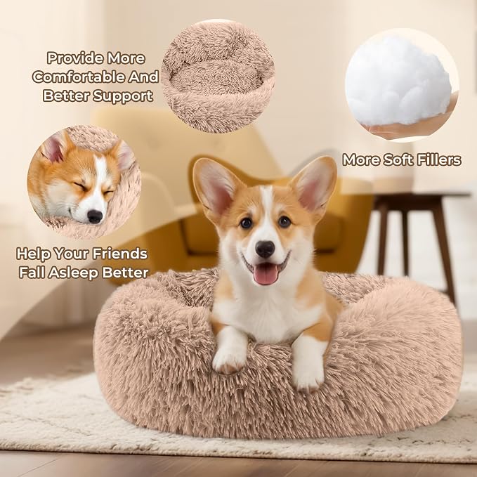 Calming Donut Dog and Cat Bed for Indoor Cats, Anti-Anxiety Round Fluffy Soft Washable Small Pet Bed for Puppy & Kitten, Warming Comfortable Luxury Anti-Slip Waterproof Mute Base 20in (Camel)