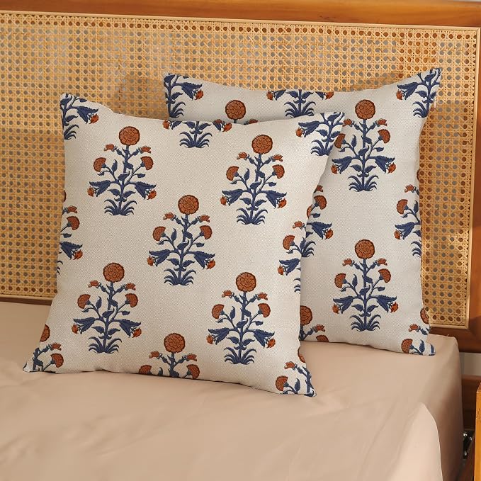 Orange Navy Blue Floral Pillow Covers 18x18 Inch Set of 2 Block Print Flower Boho Decorative Throw Pillows Modern Vintage Outdoor Pillow Cases Linen Farmhouse Cushion Cases for Couch Sofa Decor