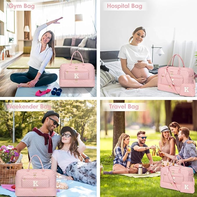 Initial Travel Duffle Bag for Women - Pink Personalized Weekender bags Overnight Bag with Shoe Compartment & Wet Pocket Weekend Tote Bags with Toiletry Bag Monogram Christmas Gifts (Letter K)