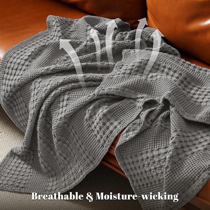PHF 100% Cotton Waffle Weave Blanket King Size, Lightweight Breathable Summer Blanket for Hot Sleepers, Pre-Washed Soft Layer for Bed, Couch, Home Decor Gift, 108"x90", Dark Grey
