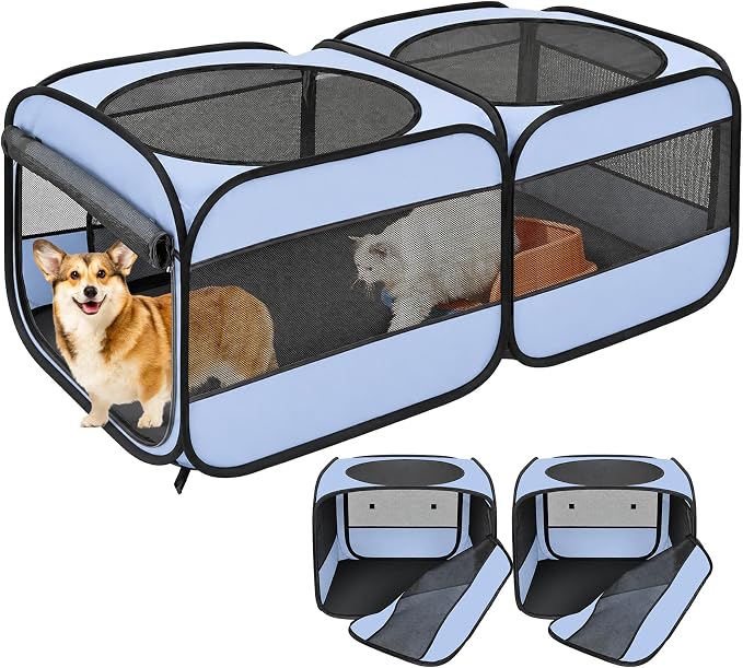 2-in-1 Pop Up Cat Playpen, Detachable into 2 Separate Pens with Additional Doors, Assembly-Free Portable Dog Crates Pet Pen Tent Kennel Kitten Puppy Enclosure Cage Indoor Outdoor Foldable Condo(S)