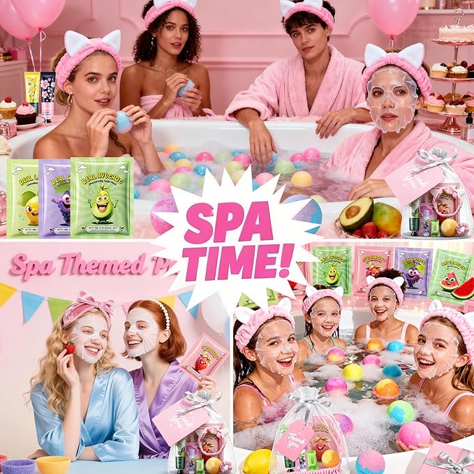 55PCS Spa Party Supplies for Girls,Spa Birthday Party Face Masks Skincare,Under Eye Patches, Lip Mask, Foot Bath Bombs Spa Kit, Bulk Gifts for Women, Mothers Day, Teacher Appreciation Gifts