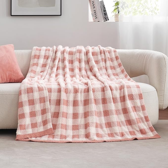 Snuggle Sac Checkered Throw Blanket for Couch, Super Soft, Cozy Warm Knit Decorative Blankets, Reversible Plaid Fluffy Throws for Sofa, Bed, Plaid Pink, 50x60 Inches