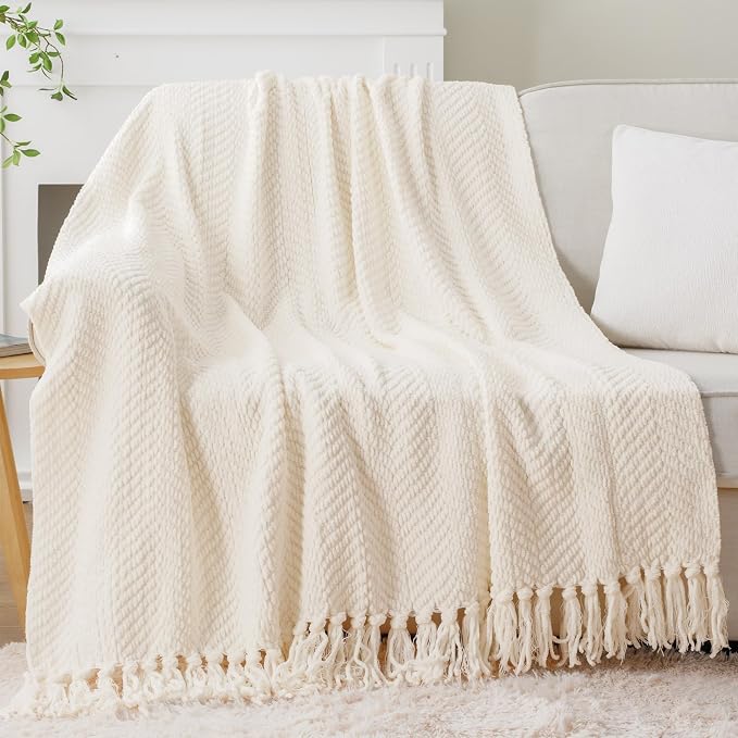 BATTILO HOME Cream Ivory Throw Blanket for Couch, 60"x80" | Textured Knitted Throw Blanket with Tassels, Couch Cover Blanket Warm Decorative White Throw Blankets for Sofa Living Room