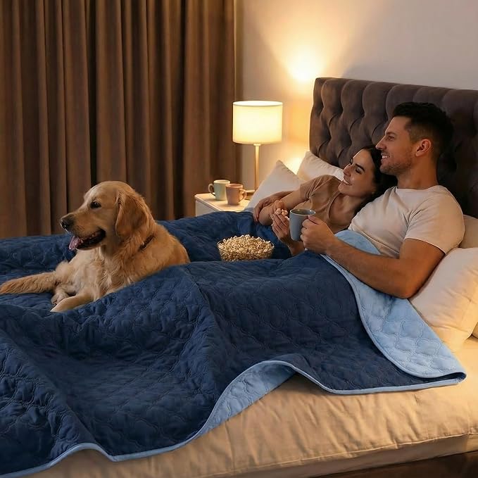 FunFurry Waterproof Dog Blanket, Couch Cover for Dogs Washable, Reversible Dog Bed Cover, Couch Furniture Protector. (Dark＆Light Blue, 68 X 82 Inch - 1 Pack)
