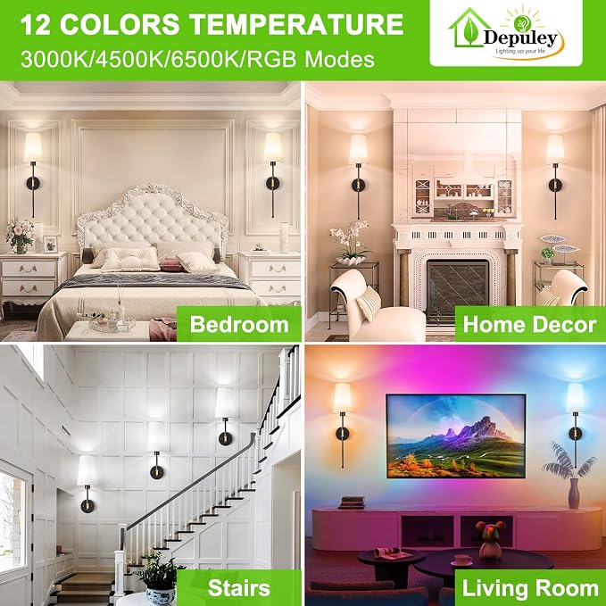 Depuley Battery Operated Wall Sconce: 27" Set of 2 Wireless Wall Lights with Remote for Bedroom - Rechargeable 15 Colors Black and Gold Wall Lamp for Living Room Hallway Decor
