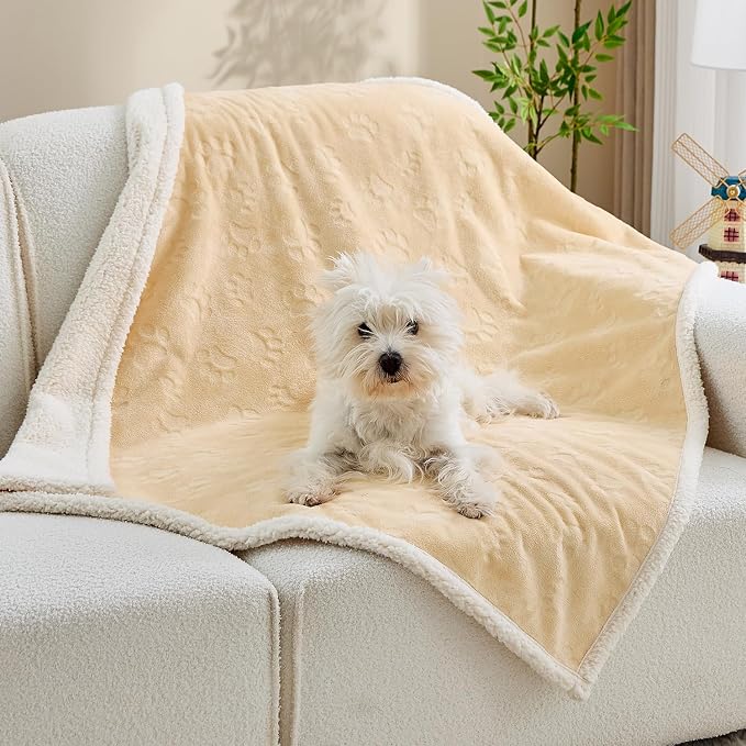 Pet Blankets for Cats - Waterproof Cat Blanket Washable - Sherpa Fleece Puppy Blanket, Soft Plush Reversible Throw Protector for Bed Couch Car Sofa, 25"X30", Khaki