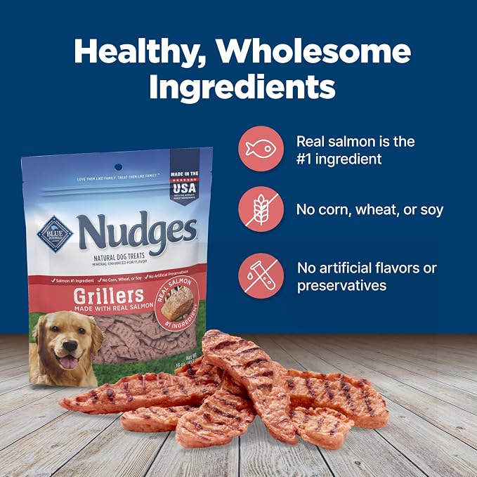 Blue Buffalo Nudges Grillers Salmon Dog Treats, 16 oz | Real Salmon First, Oven-Dried, Easy to Tear, For All Breed Sizes, No Artificial Preservatives