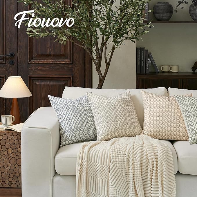 FIOUOVO Floral Pillow Covers 24x24 Pillow Cover Block Print Couch Pillows for Living Room Decorative Neutral Accent Throw Pillow Covers, 1PC, Aqua Blue