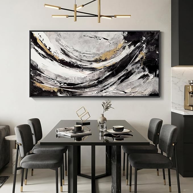 Large Framed Abstract Wall Art for Living Room, Horizontal Black Gold and White Canvas Painting Print Artwork for Walls, Modern Neutral Minimalist Pictures for Bedroom Office Wall Decor, 30x60 In