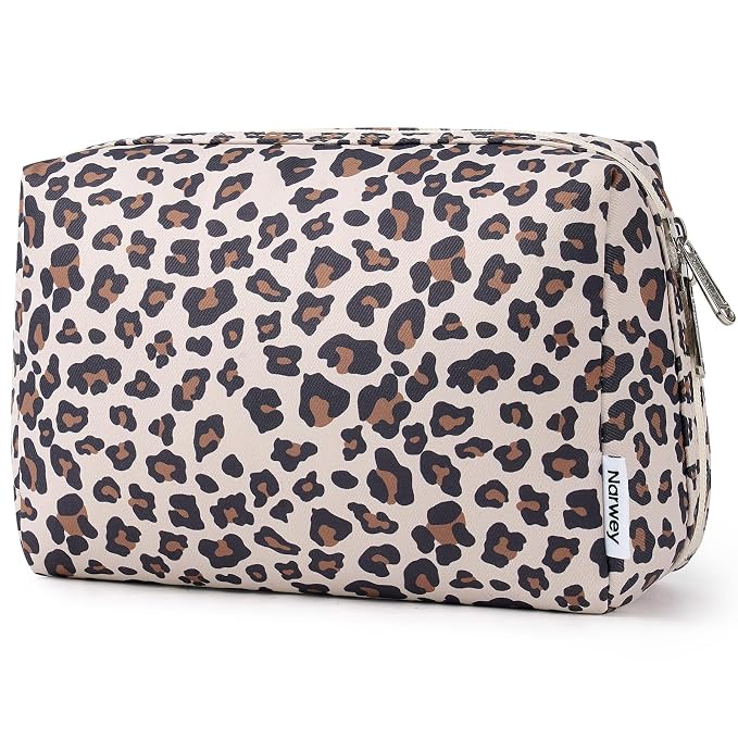 Narwey Cute Cheetah Makeup Bag Travel Cosmetic Bag Organizer Toiletry Bag Make Up Bags with Compartments for Women Girls (Large, Beige Leopard)