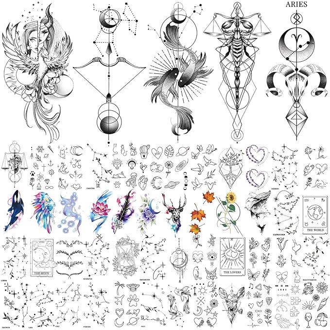 77 Temporary Tattoos for Women, Colorful Constellation Animal Flower Half Arm Fake Tattoos, Realistic Planet Lion Butterfly Rose Peony Tattoo Design