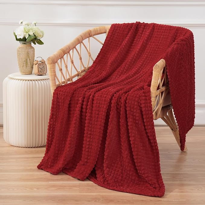 Puncuntex Fleece Throw Blanket Red 50"×70" with Square Grid Design | Super Soft Plush Cozy Flannel Throw Blanket Luxury for Couch Sofa Chair