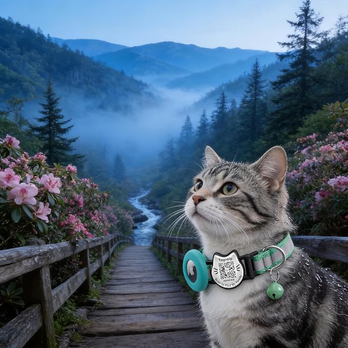 Cat Collar with AirTag Holder, QR Code Tag and Bell (Green)