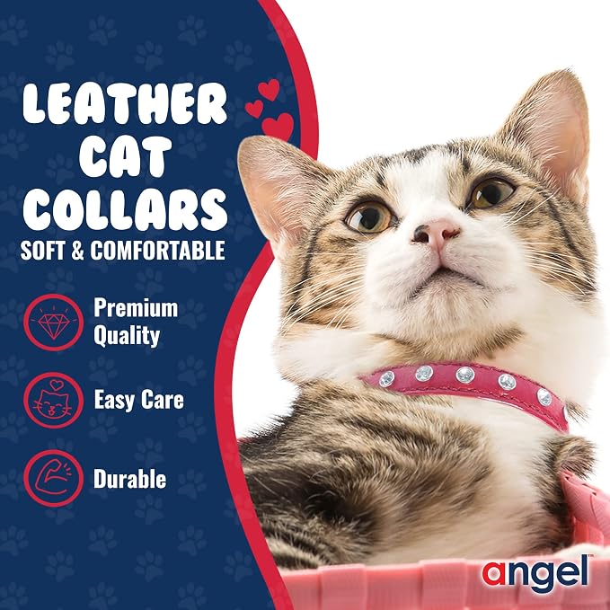 Athens Cat Collar, Leather Kitten Collar w/Rhinestones, Sturdy Breakaway Cat Collar with Bell & Elastic Stretch, Cat Accessories, Valentine Red, 10 x ½ inches - Angel Pet Supplies