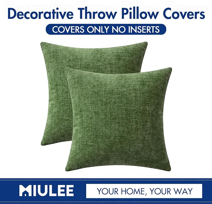 MIULEE Soft Chenille Throw Pillow Covers Moss Green 18x18 Inch Pack of 2 | Modern Home Decor, Classic Decorative Pillows, Solid Dyed Cases, Boho Couch Cushion Covers for Sofa Bed Living Room