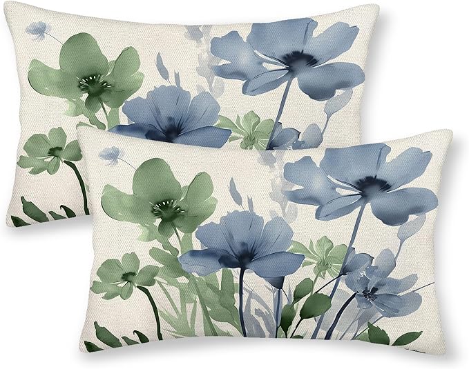 Spring Floral Pillow Covers 12x20 Inch Set of 2 Green Blue Floral Throw Pillow Covers Outdoor Rustic Summer Flower Decoration Pillowcase Farmhouse Decorative Lumbar Cushion Cover For Couch Sofa