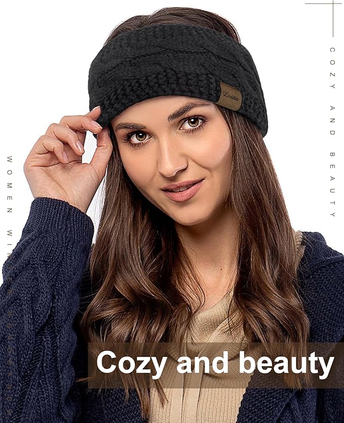 Loritta 2 Pack Headbands for Women Winter Warm Cable Knit Ear Warmer Thick Head Wrap Fuzzy Fleece Lined Gifts