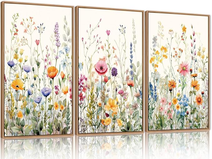 FWIEXA Wildflower Pictures Wall Decor, 3 Piece Floral Canvas Wall Art Set, Framed Watercolor Flower Painting, Colorful Botanical Artwork, 16x24 Inches Poster for Living Room, Bedroom, Nursery, Home