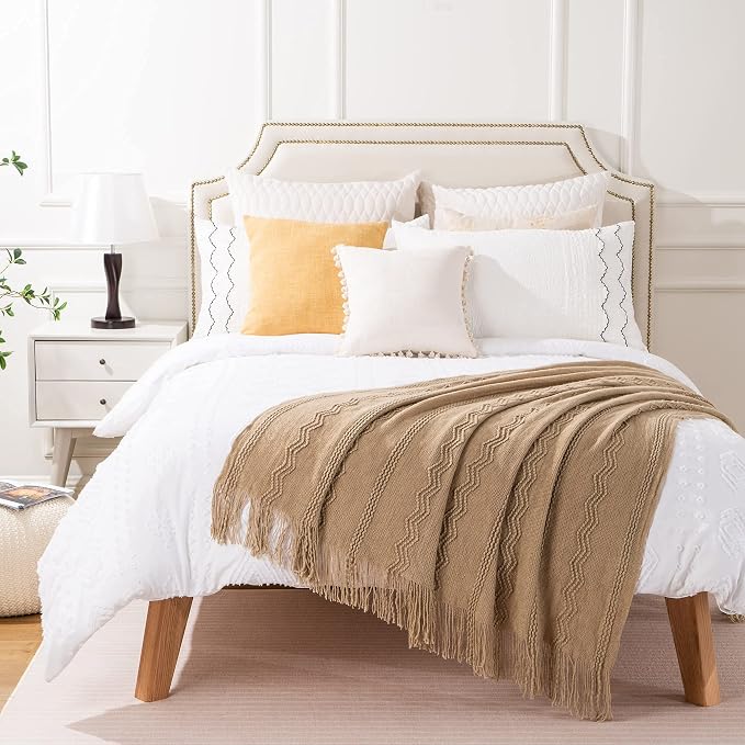 BATTILO HOME Tan Throw Blanket for Couch, 50"x60" | Taupe Throw Blanket for Home Decor, Lightweight Decorative Knit Throw Blanket
