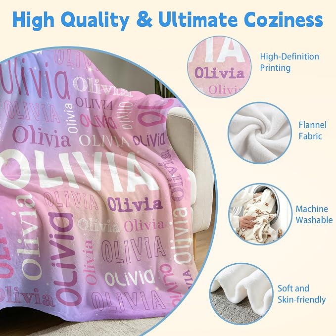 Custom Blanket with Name, Personalized Name Blankets for Teen Girls Boys Kids Baby, Customized Flannel Throw Blanket Gifts for Christmas Birthday - Printed in USA