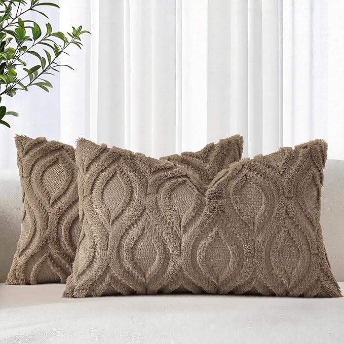 decorUhome Faux Fur Soft Light Brown Throw Pillow Covers 12x20 Set of 2 | Plush Solid Fall Couch Pillow Covers, Accent Modern Farmhouse Neutral Decorative Square Pillow Cases for Sofa Bed Living Room