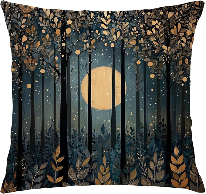 Rustic William Morris Style Black Moon Pillow Covers 18x18,Vintage Black and Gold Forest Moon Botanical Nature Landscape Decorative Throw Pillow Covers for Home Bedroom Living Room