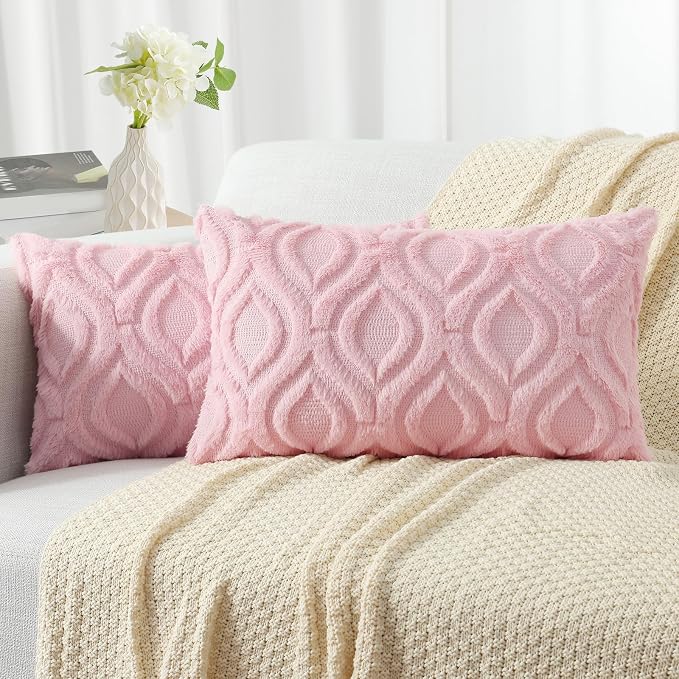 decorUhome Faux Fur Plush Light Pink Throw Pillow Covers 12x20 Set of 2 | Plush Solid Fall Couch Pillow Covers, Accent Modern Farmhouse Neutral Decorative Square Pillow Cases for Sofa Bed Living Room