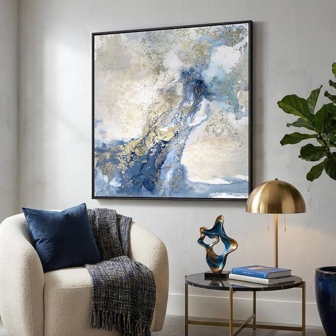 Extra Large Framed Blue Abstract Wall Art for Living Room, Oversized Square Modern Canvas Prints Paintings for Walls, Minimalist Blue White Gold Pictures for Dining Bedroom Hallway Wall Decor 40x40 In