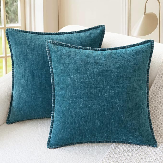 CaliTime Decorative Couch Throw Pillow Covers 18 X 18 Inches Ocean Blue | Pack of 2, Cozy Chenille Cushion Cases, Cotton Thread Stitching Edges, for Sofa Bed Living Room Farmhouse