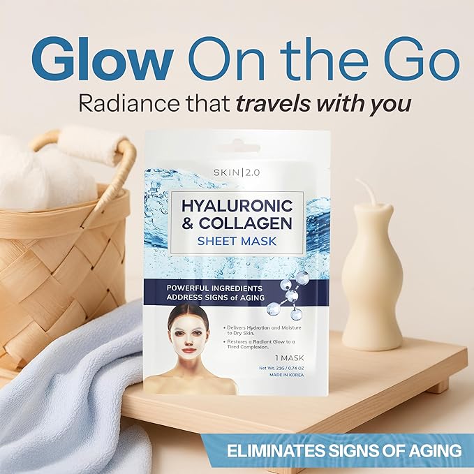 Hyaluronic Acid & Collagen Sheet Mask - Hydrating, Anti-Aging, Firming - Dermatologist Tested Korean Skincare - Clean Beauty, Natural Ingredients, Cruelty-Free, All Skin Types - Pack of 5