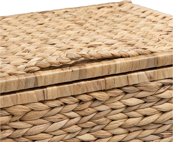 Storage Trunk with Metal Frame, Natural, 23.3 by 16.5 by 15.2 Inches | Safety Hinge, Heavy-duty Wicker Chest, Handwoven Water Hyacinth