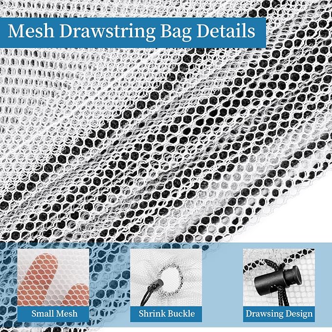 6 Pcs Mesh Bags Drawstring, 14x17 Inch with Lock, Multipurpose Storage Bags for Gym, Balls, Beach, Laundry (White)
