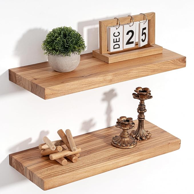 Floating Shelves for Wall Decor, 8" Deep Rustic Solid Elm Wood Floating Shelves Wall Mounted, Wall Shelves with Invisible Bracket for Living Room Bathroom Bedroom Kitchen, 20 Inch Set of 2, Natural