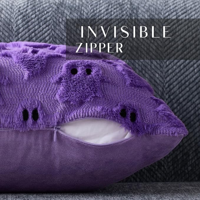 DFXSZ Halloween Pillow Covers 12x20 inch 2Pcs Purple Ghost Halloween Decor | Halloween Decorations Set of 2 Throw Pillow Cases Plush Faux Fur Wool Cushion for Chair Sofa Bedroom Living Room Home Decor