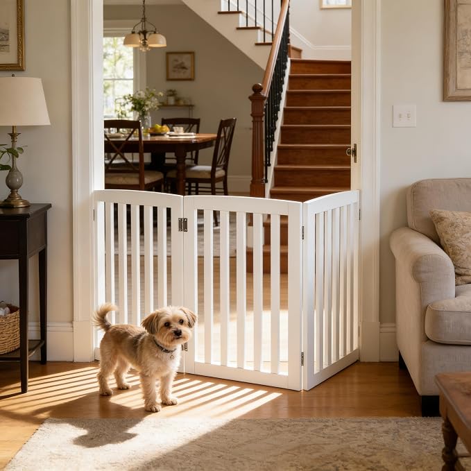 Pet Republic Dog Gate Pet Gate Indoor for Stairs Doorways 82x24 Inch 4 Panels Dog Fence Extra Wide Wooden White