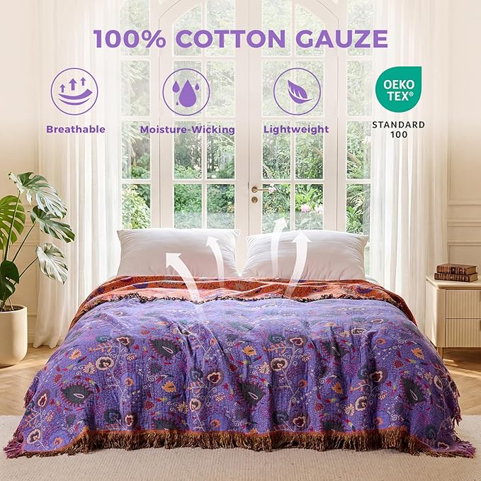 LUTBM Boho Throw Blanket for Bed 60"x80", 100% Cotton Purple Couch Blankets | Reversible Floral Embroidery, All-Season Soft Quilt, For Chair Sofa Living Room, Lightweight Breathable Gauze, Home Decor