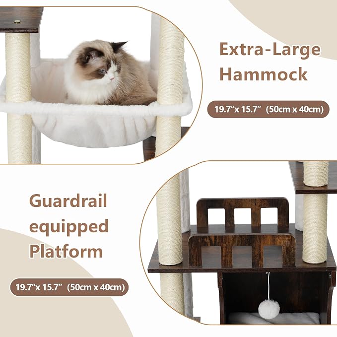 Modern Cat Tree Tower, 2-Layer Condo & Perch, Big Hammock 102SR | 70.9''Wood Cat Tower House Large Platform with Safe Guardrail for Indoor Cats Adult, All Sisal Scratching Post, Rustic Brown