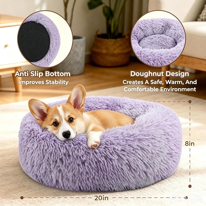 Calming Donut Dog and Cat Bed for Indoor Cats, Anti-Anxiety Round Fluffy Soft Washable Small Pet Bed for Puppy and Kitten, Warming Comfortable Luxury Anti-Slip Waterproof Mute Base 20in Purple