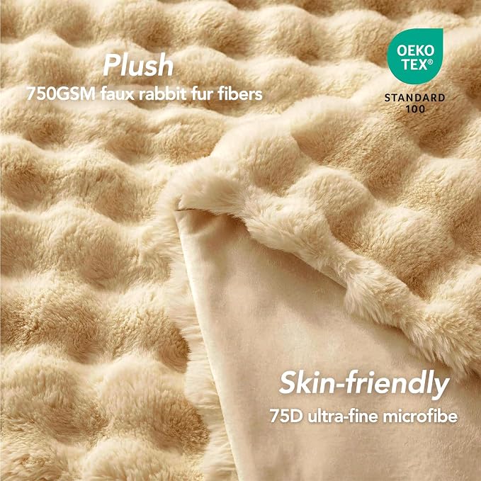 L'AGRATY Faux Rabbit Fur Throw Blanket for Couch, 90''x90'', Milk Tea Brown | Soft Cozy Bubble Fluffy Blanket for Sofa Bed, Thick Warm Plush Fuzzy Throw for Room Home Decor, Luxury Gift for Women Mom