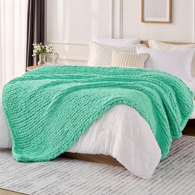 L'AGRATY Chunky Knit Throw Blanket for Couch, 60'' x 80'' Knit Throw, Aqua | Handmade Chenille Crochet Blanket for Sofa Bed, Thick Cable Knitted Blankets for Room Home Decor, Birthday Gift for Women Mom
