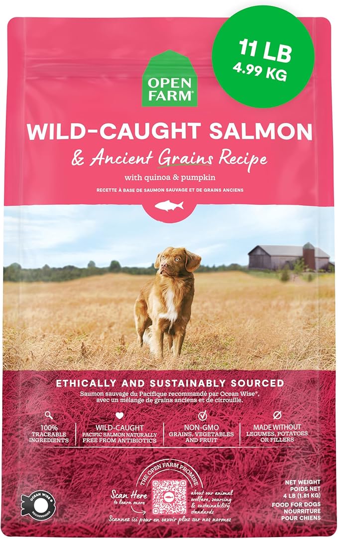 Open Farm Ancient Grains Dry Dog Food, Wild Caught Salmon Kibble, 11lb Bag | All Life Stages, All Breed Sizes, Protein-Rich & Nutrient Dense, 100% Traceable Ingredients, Non-GMO Fruits & Veggies.