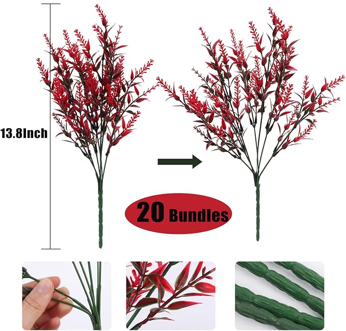 RECUTMS Artificial Outdoor Plant UV Resistant Artificial Greenery Lavender | 20 Bundles UV Resistant Hanging Planter Red Flora Fence Indoor Outside Decor Wedding Table Flowers Arrangement Bouquet Filler